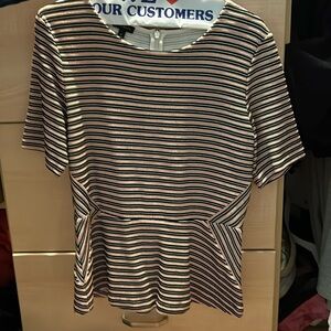 Fitted striped top with zip back and waist flare